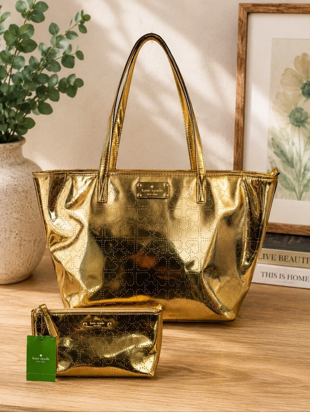 Kate Spade New York Metallic Gold Perforated Tote Bag & NWT Cosmetic Pouch Set